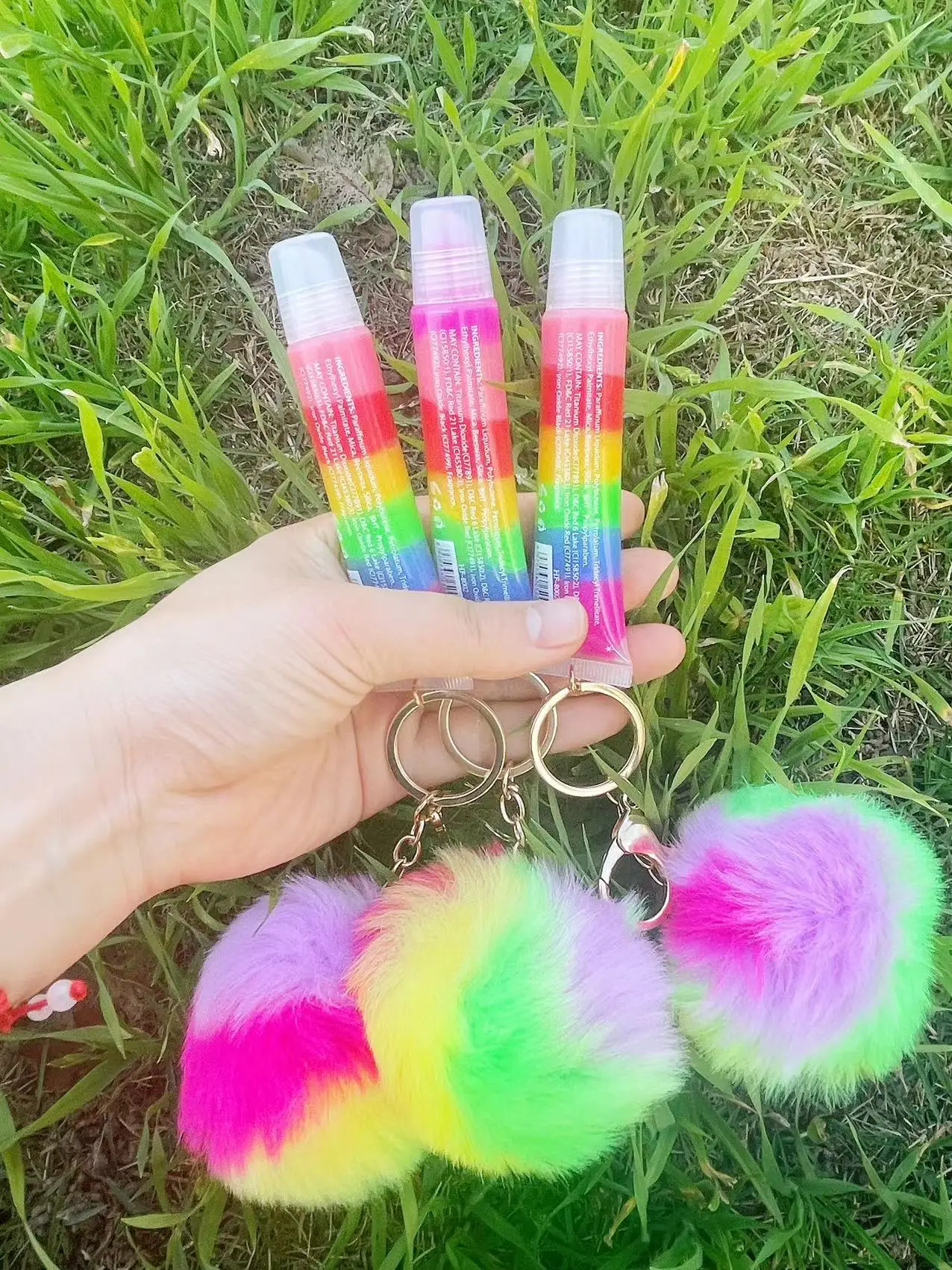 Hot Selling Rainbow PompomS Keychain Lipgloss Colorful Pearlescent Moisturizing Cosmetics Sexy Lip Tint Lips Lip Gloss