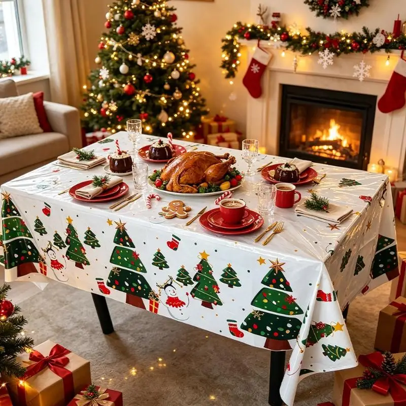 (Ce14)Disposable Xmas Plastic Tablecloth Tree Snowman Print Waterproof Stain Resistant For Xmas Decor