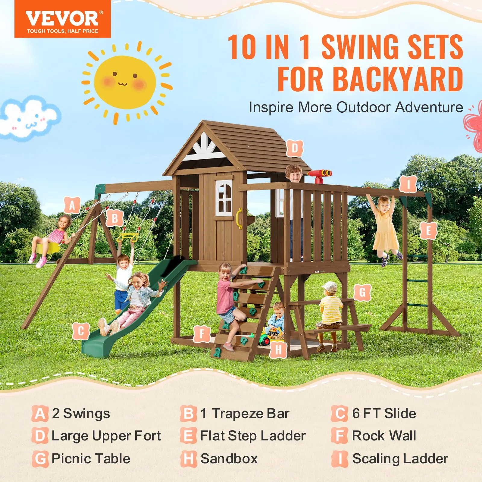 

Wooden Swing Set, 10 IN 1 Playground Sets For Backyards, 2 Swings, Trapeze Bar, 6FT Slide, Large Upper Fort With Kitchen Toys,