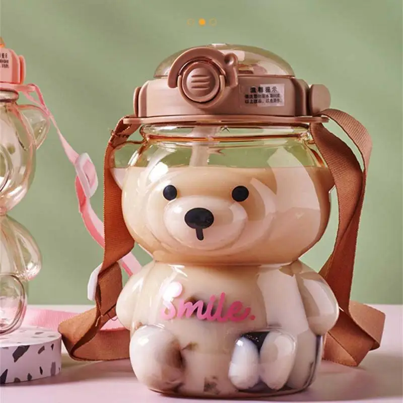 1000ml Large Capacity Cartoon Bear Plastic Sippy Cup Children's Portable Backpack Kettle Water Bottle Mug with Straw Girl's Cup