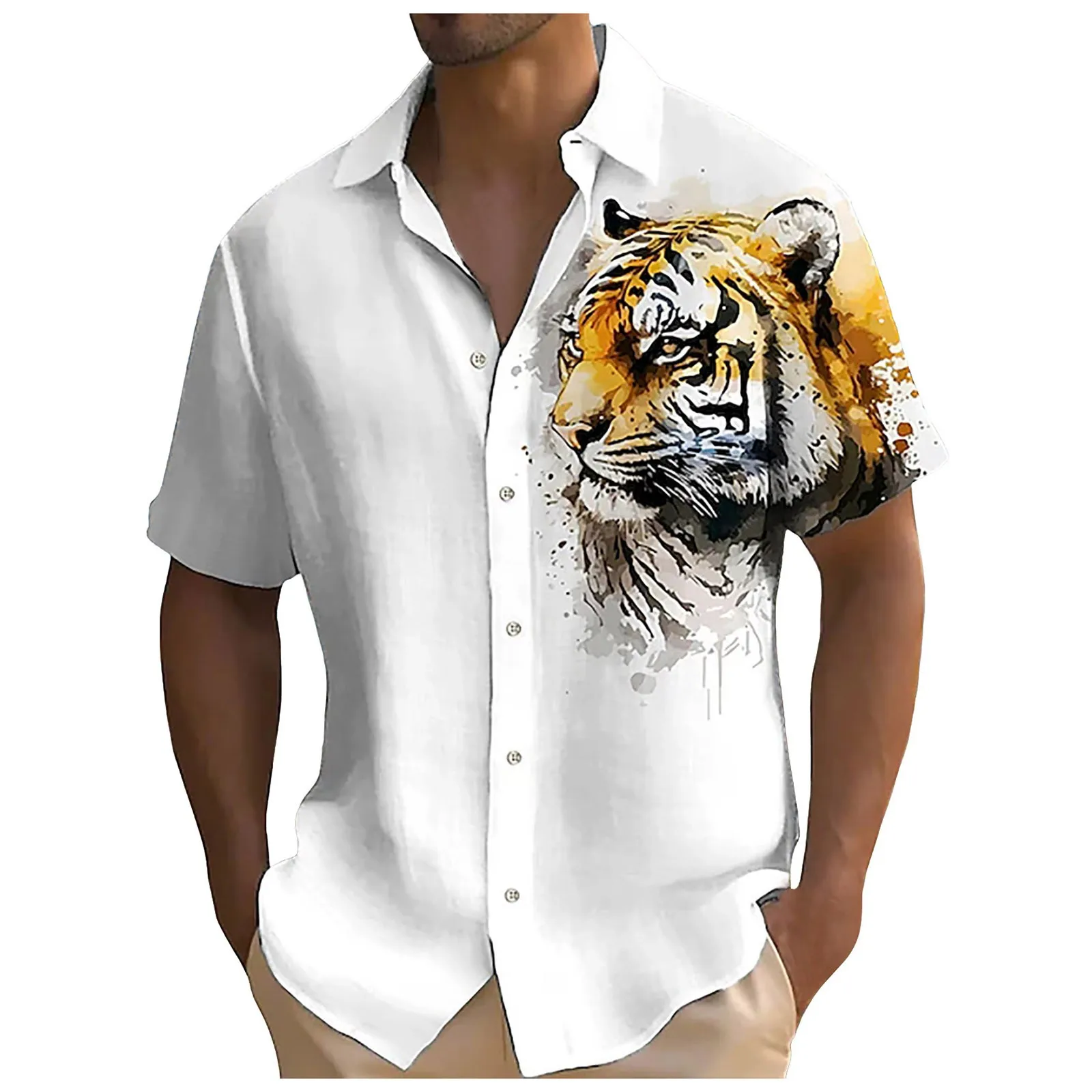 Koszula męska Animal Tiger Graphic Prints Turndown Light Yellow Black White Social dress shirt Geometric Vintage Handsome Men