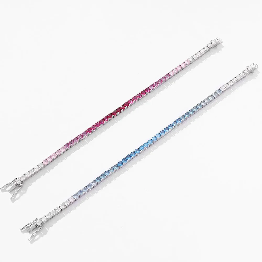 FEOBUR 3mm Gradient Blue High Carbon Diamond Tennis Bracelet for Women S925 Sterling Silver Gemstone Bracelets Party Jewelry