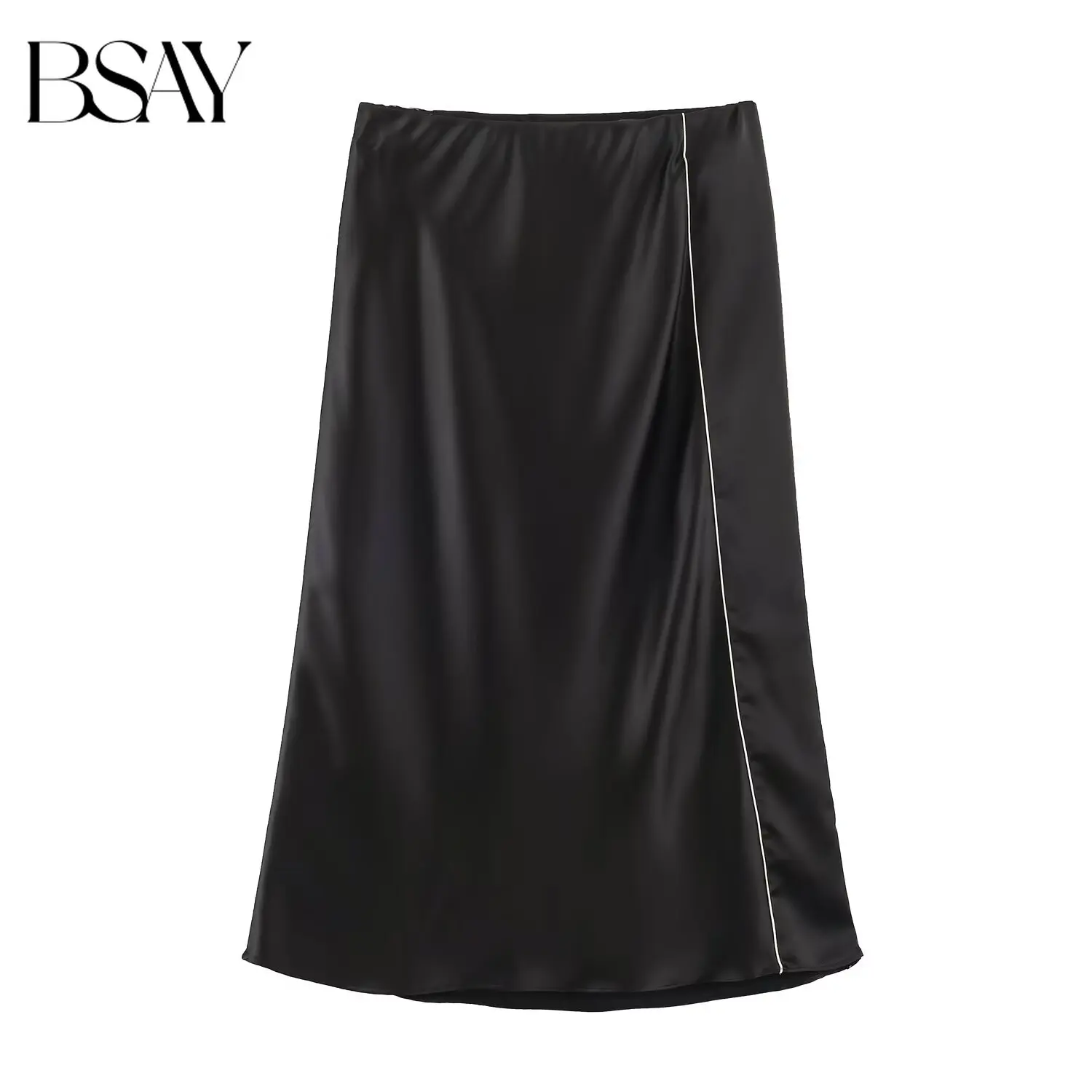 BSAY 2026 Autumn Women's Fashion Satin Texture Midi Skirt Contrast Piping Trim High Waist Ruched Wrap Look Elegant Long Skirt