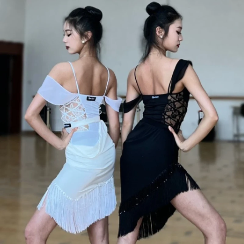 Latin Dance Dress Women Sexy Off Shoulder Lace Tops Tassel Skirt Adult Latin Performance Clothes Rumba Dance Costume DNV20037