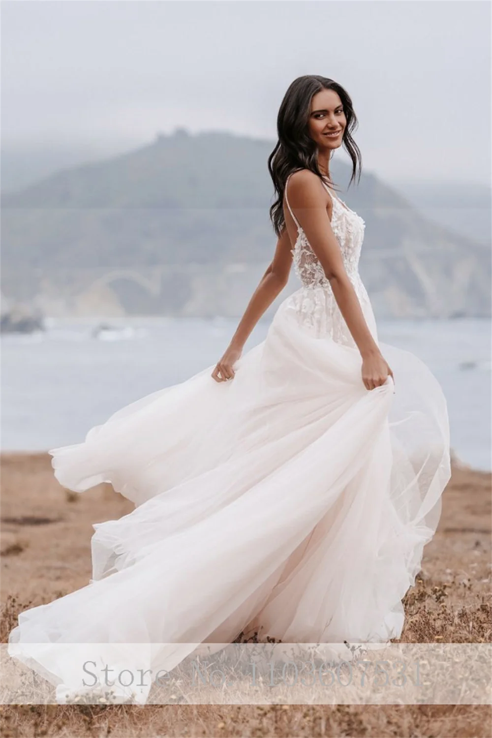 Vestido de novia de corte en A para mujer, traje modesto de tul de encaje con tirantes finos, vestido de fiesta de boda