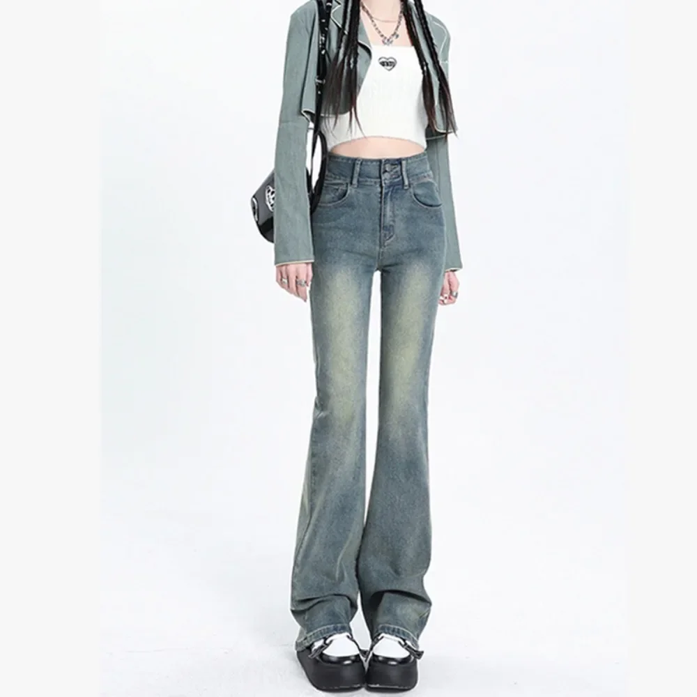 High Waist Stretch Jeans Women Spring Breasted Slim Flare Pants Women Denim Trousers Washed Pockets Regular Jean Pants Female
