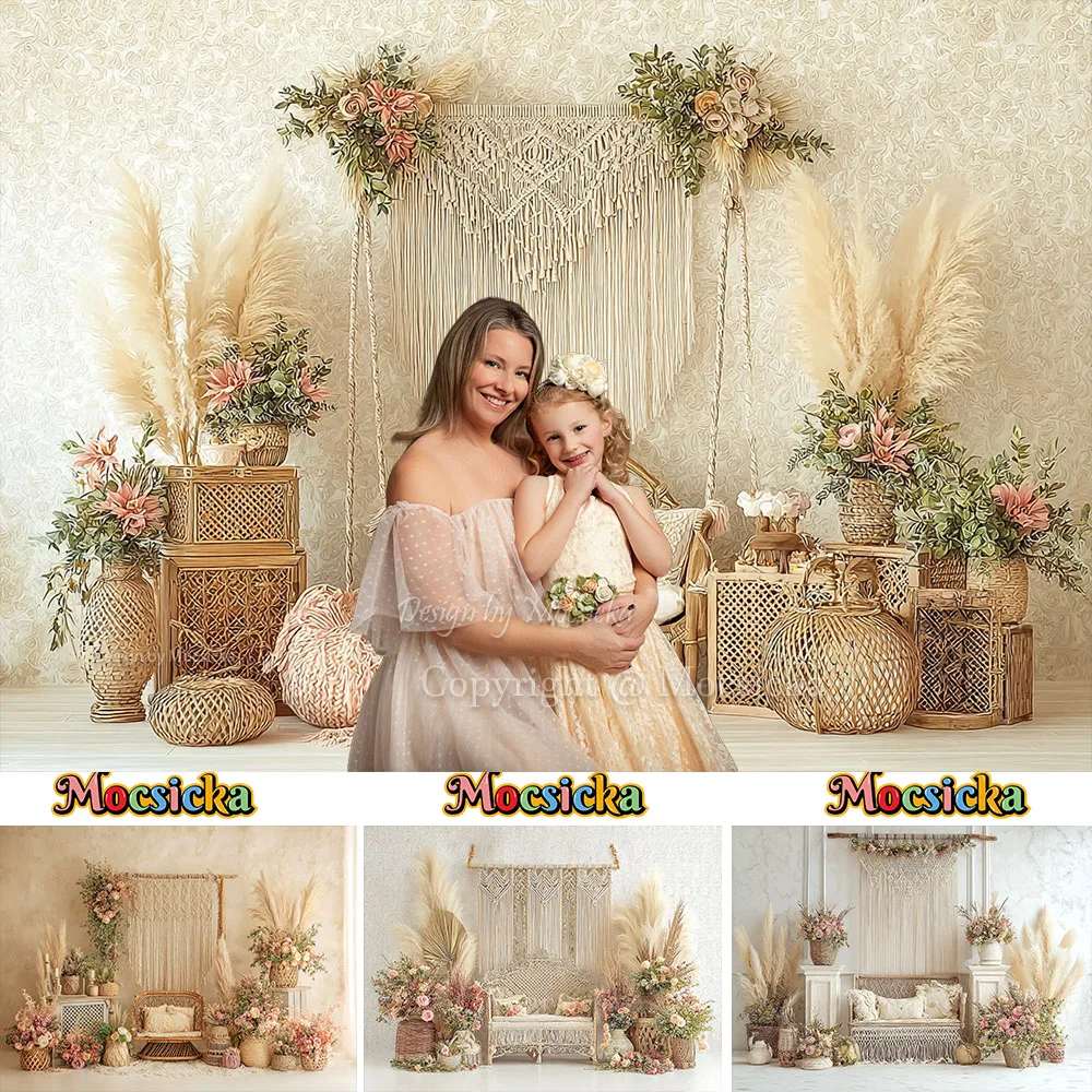 Fondo Mocsicka Boho para fotografía del Día de la madre de primavera, fondo Floral de hierba de Pampas, retratos de maternidad para bebé, foto de estudio