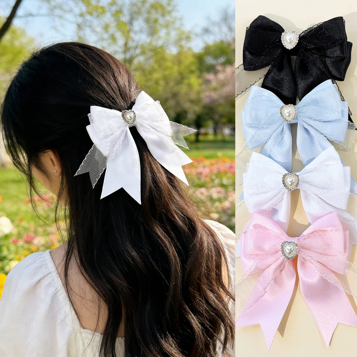 

24pc Silky Satin Hair Bows for Women Big Bow Hair Clips with Pearl Center Girls Large Lace Bow Hair Barrettes Headwear Bulk