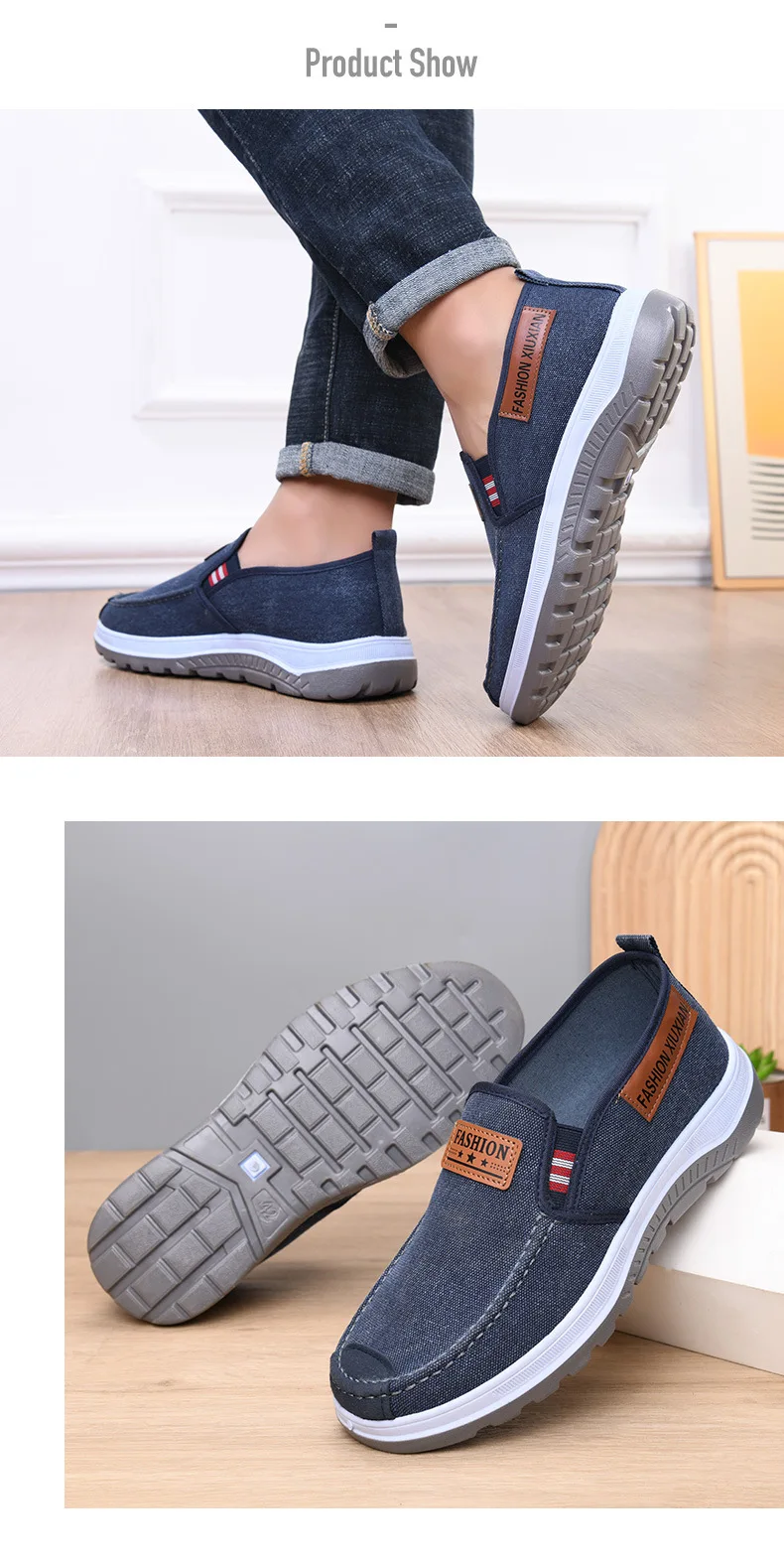 Herren-Slipper aus Canvas, lässige Freizeitschuhe, rutschfeste, dicke Sohle, bequeme Sneaker zum Gehen, leichte Alltagsschuhe für den Außenbereich. – Detail 12
