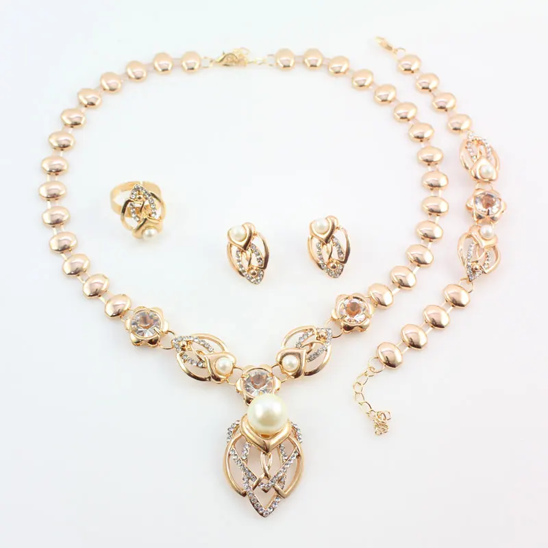 Gold Color Imitation Pearl Wedding Costume Necklace Earrings Sets Fashion Romantic Clear Crystal Women Party Gift Jewelry Sets