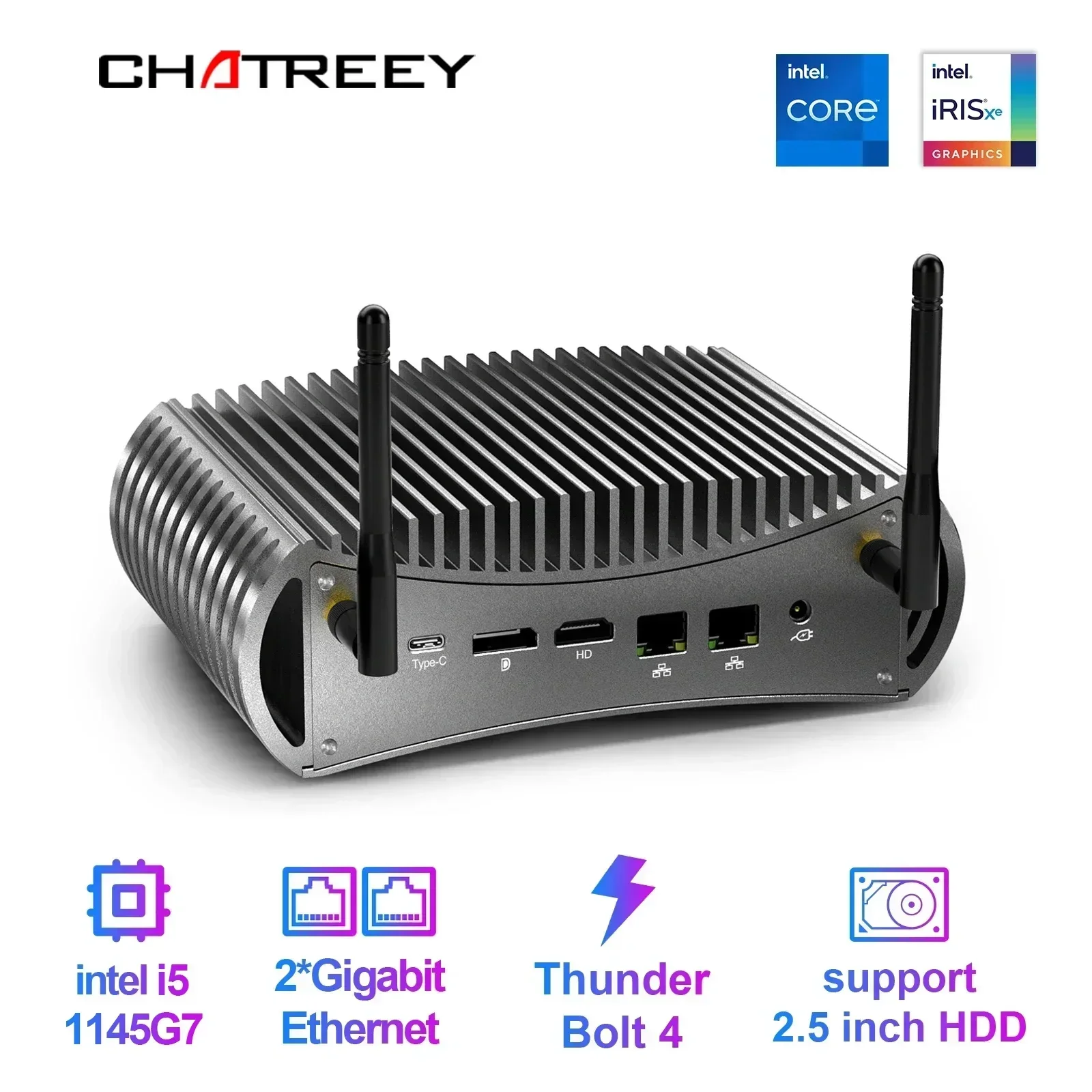 Chatreey TK11-F 11th Intel Core i5 1145G7 Mini PC NVMe SSD 3x4K @ 60GHZ Thunderbolt 4 คอมพิวเตอร์ Dual LAN Firewall Server