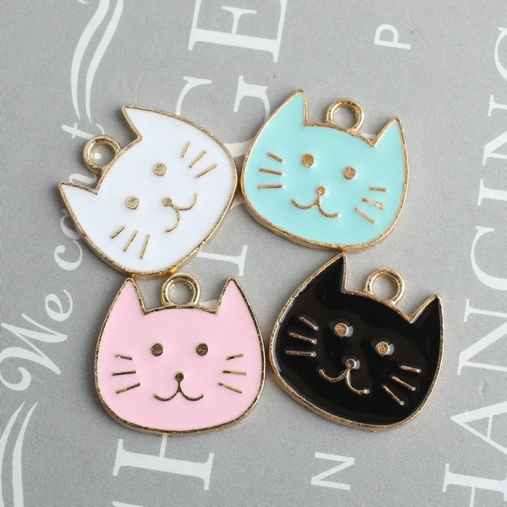 10pcs Big Face Cat Alloy Enamel Black Pink Green Animal Charm Pendant for Necklace Bracelet Jewelry Making DIY Earring Findings