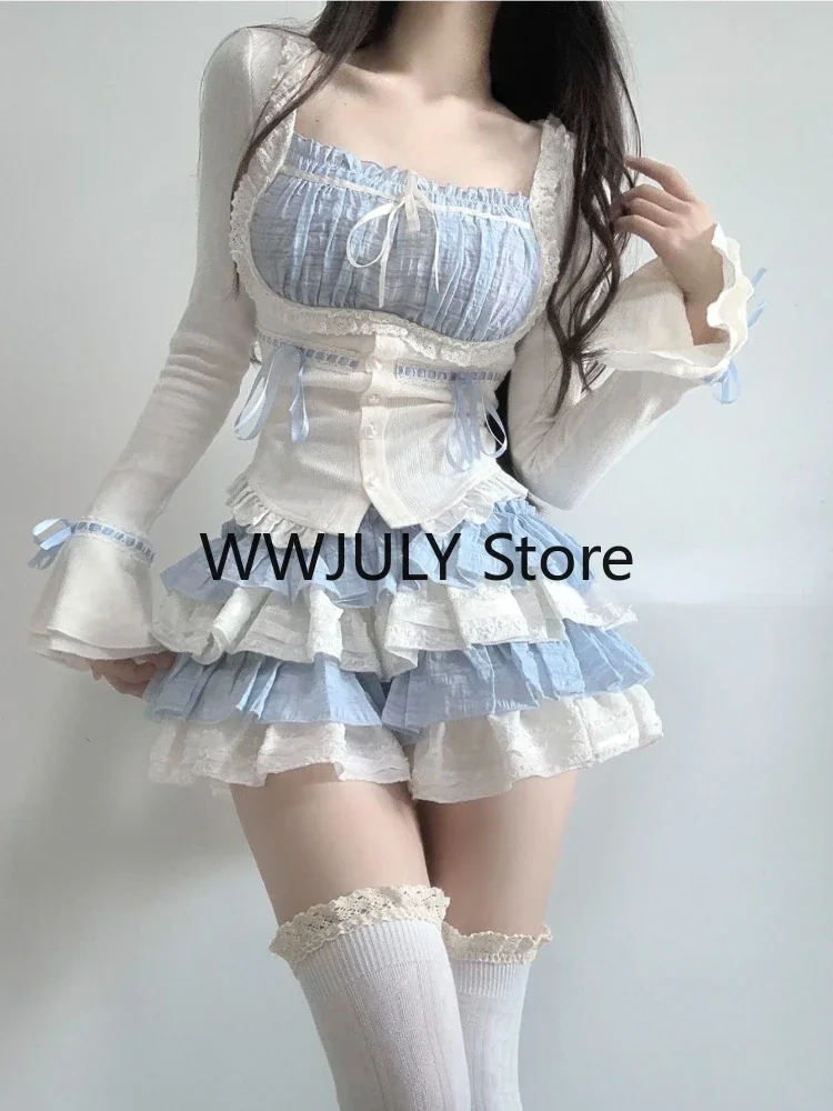 2024 Summer Kawaii Lolita Suit Japanese Style Slim Lace Tops + Bodycon Y2k Mini Fashion Cake Skirt Girls Party 2 Piece Set