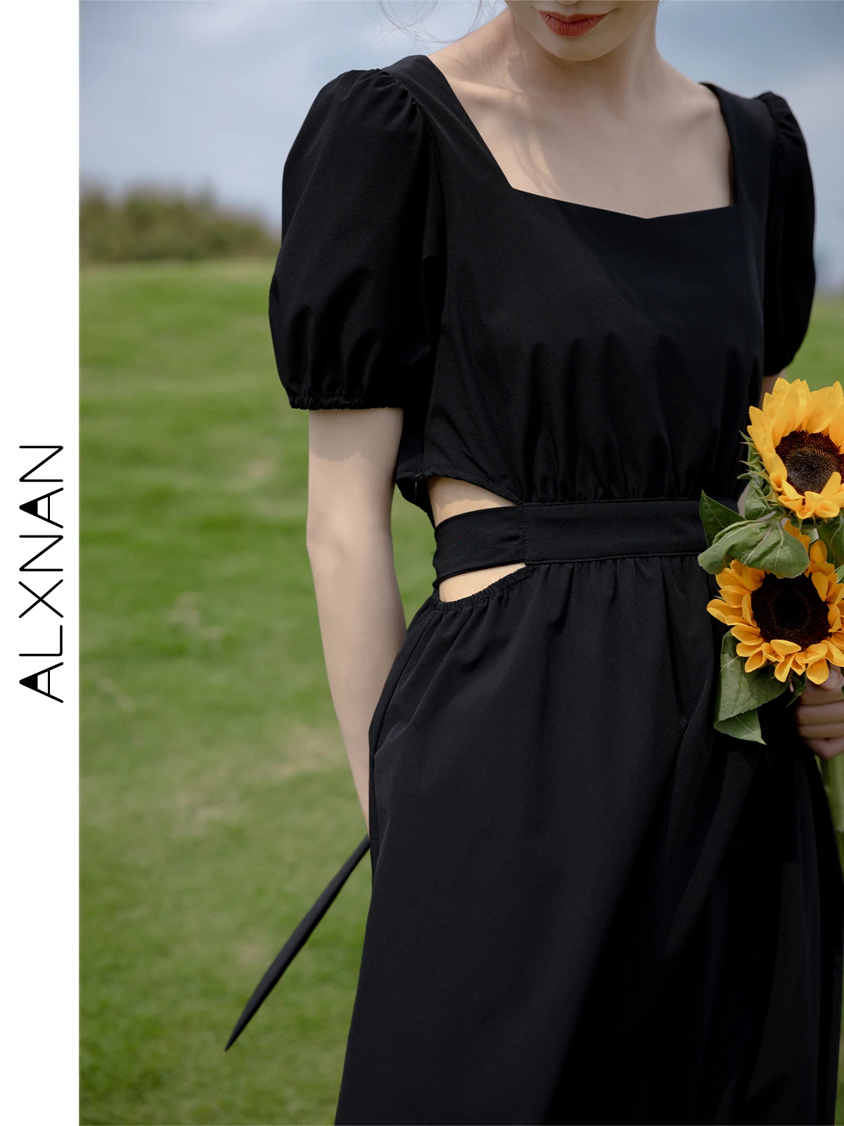 ALXNAN Puff Sleeves Hollow Out Dresses for Women Summer 2024 New A-line Midi Smocked Square Collar Lace-up Lady Dress LXN18216