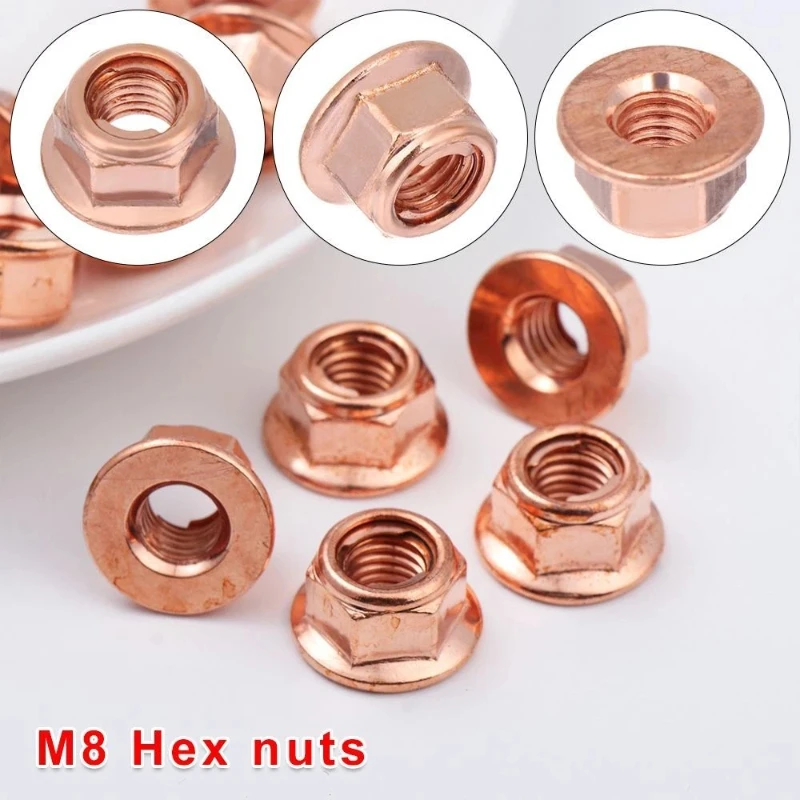 50pcs M8 Copper Flashed Exhaust Manifold Nuts High Temperature Flange Locking Nut for Car Fasteners Accessories