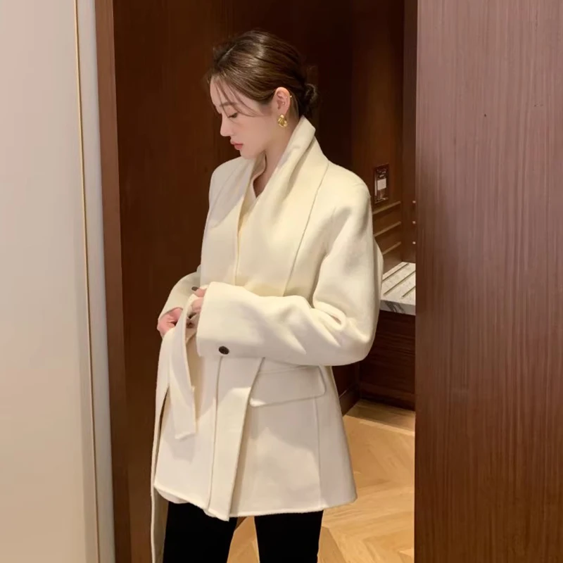 

Ele Autumn Winter Woolen Coat V-ne Belted Waist Slimming Versatile Long Sve Women's Faion Korean Sle Commute