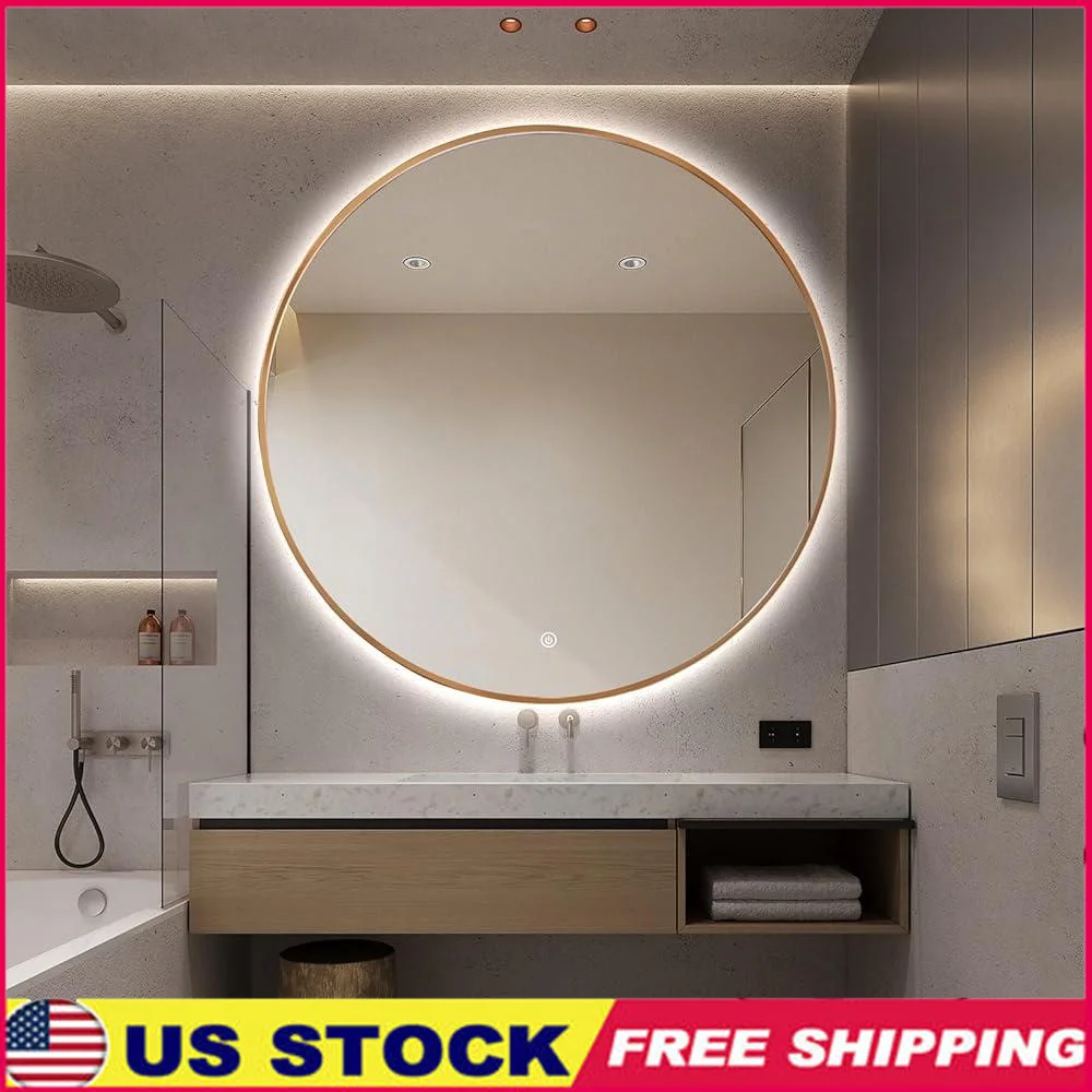 

Round LED Bathroom Mirror 48" Backlit Touch Control Fog Free Waterproof Explosion Proof HD Reflection