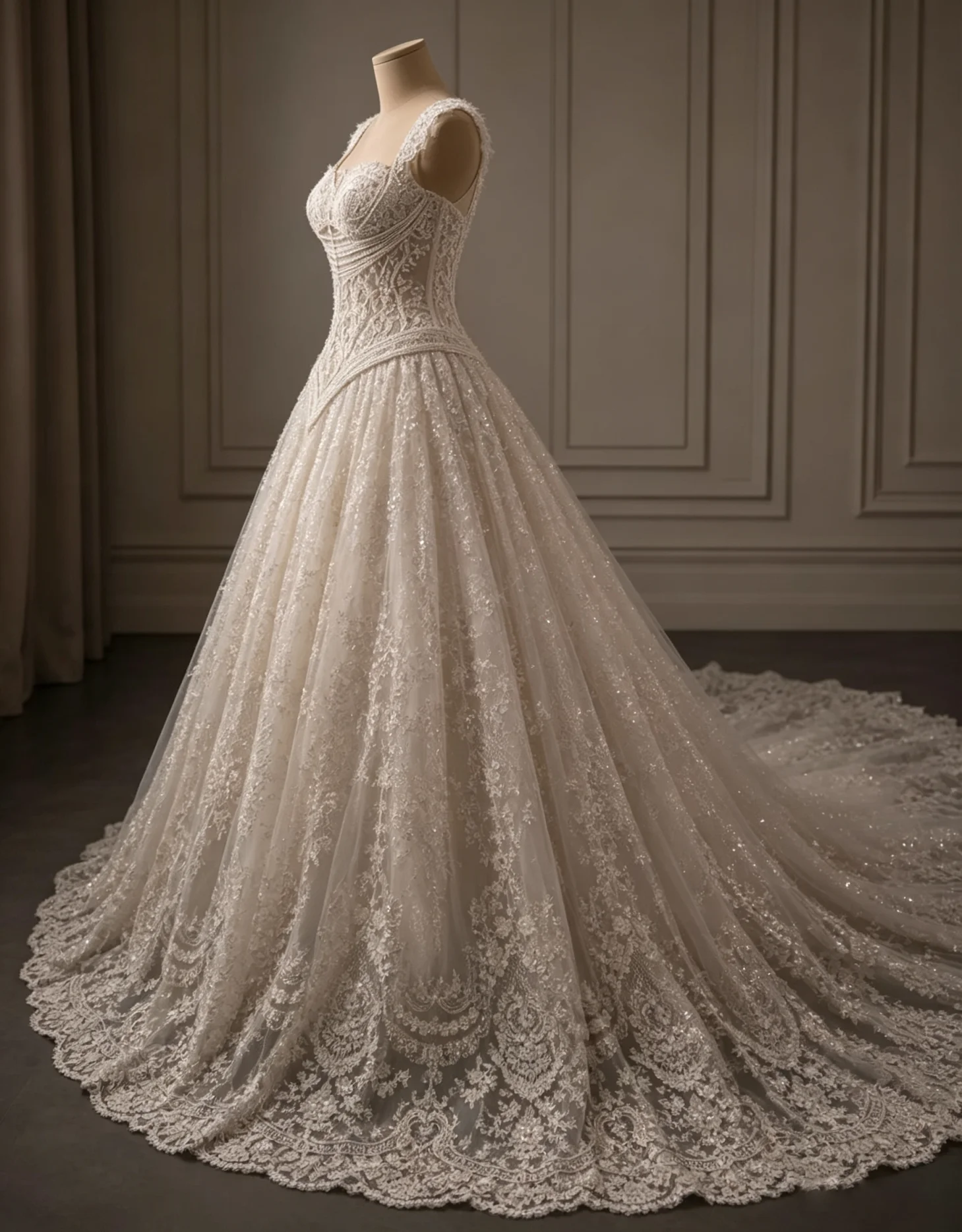 Charming Lace Wedding Dress Cap Sleeve Square Neck Sequin Tulle A Line Court Train Gown For Bridal Party Customized