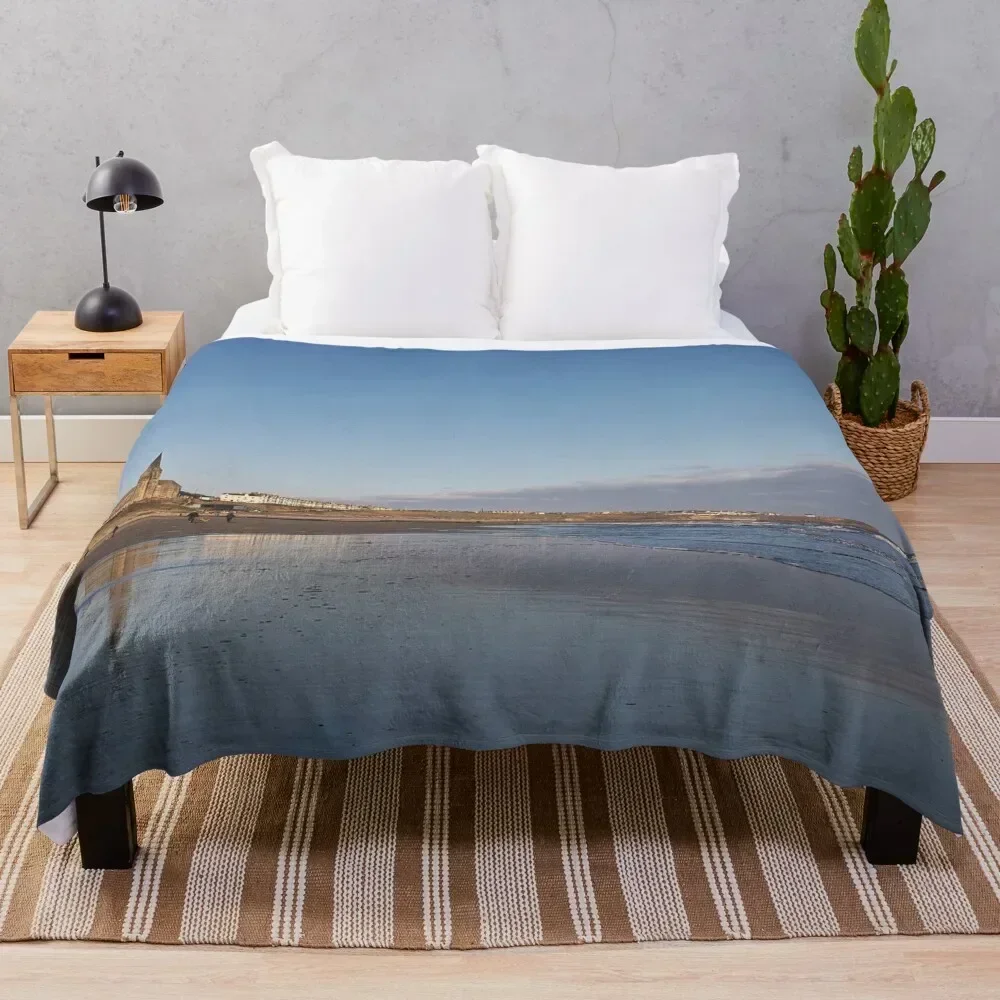 Winter sunshine on Tynemouth Longsands Throw Blanket Polar funny gift Winter beds Bed Blankets