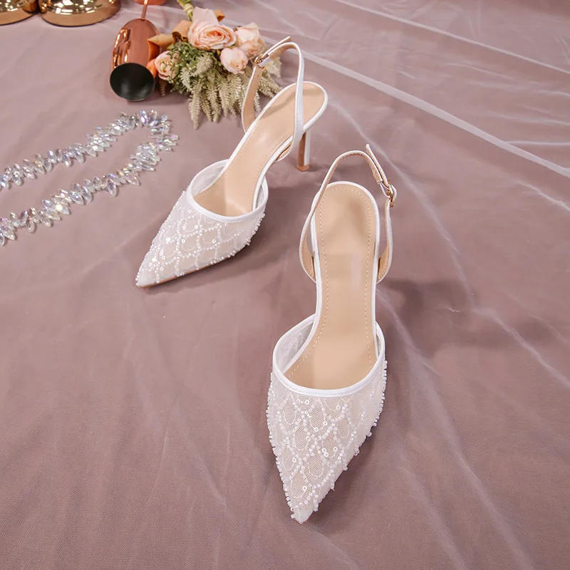 

Lace Beaded Pointed Toe Sandals Women's Summer 2025 New Breathable Back Strap Heels Banquet Shoes