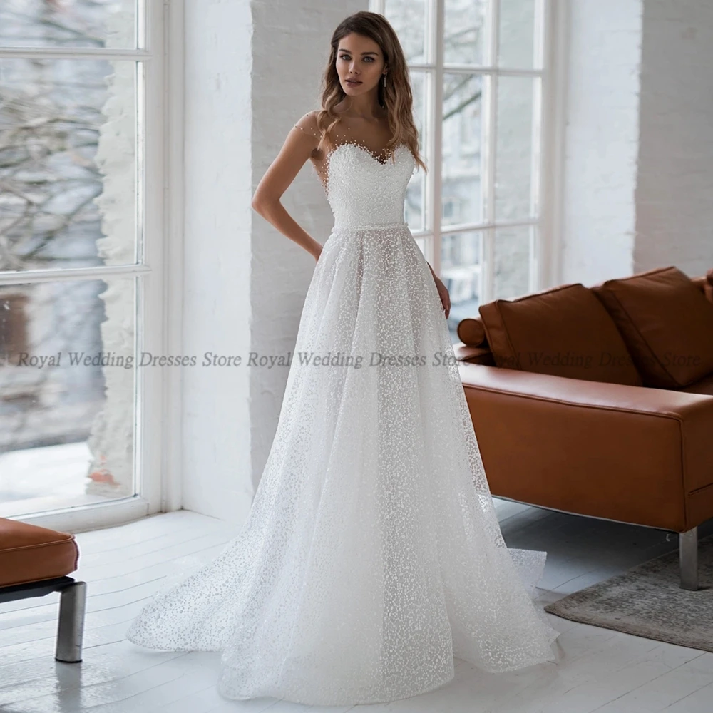 

High Quality A Line Wedding Dresses Draped Strapless Beads Tulle Open Back Applique 2022 Summer Floor Length Gowns Robe De Ma