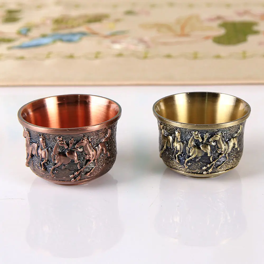 Chinese Style Metal Tea Cup Retro Bronze Wine Glass Dragon Phoenix Embossed Drinkware For Tea Ceremony Decoration