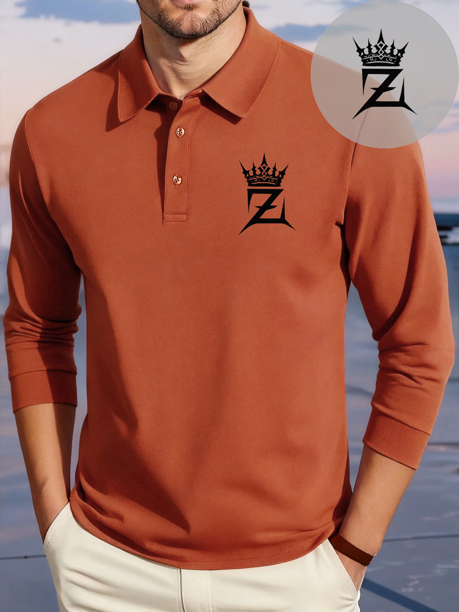 

Crown Letter Z Simple Print Men Polo Shirts Business Soft T Shirt Casual Fleece Long Sleeve Culture Lapel Male Sportswear