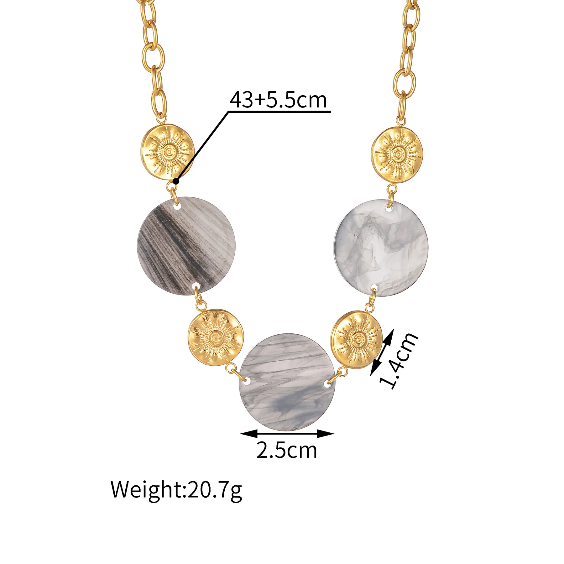 Fashion Vintage Gold Plated Sun Necklace Bracelet Acrylic Round Plate Stainless Steel Chain Jewelry Set For Women Gifts