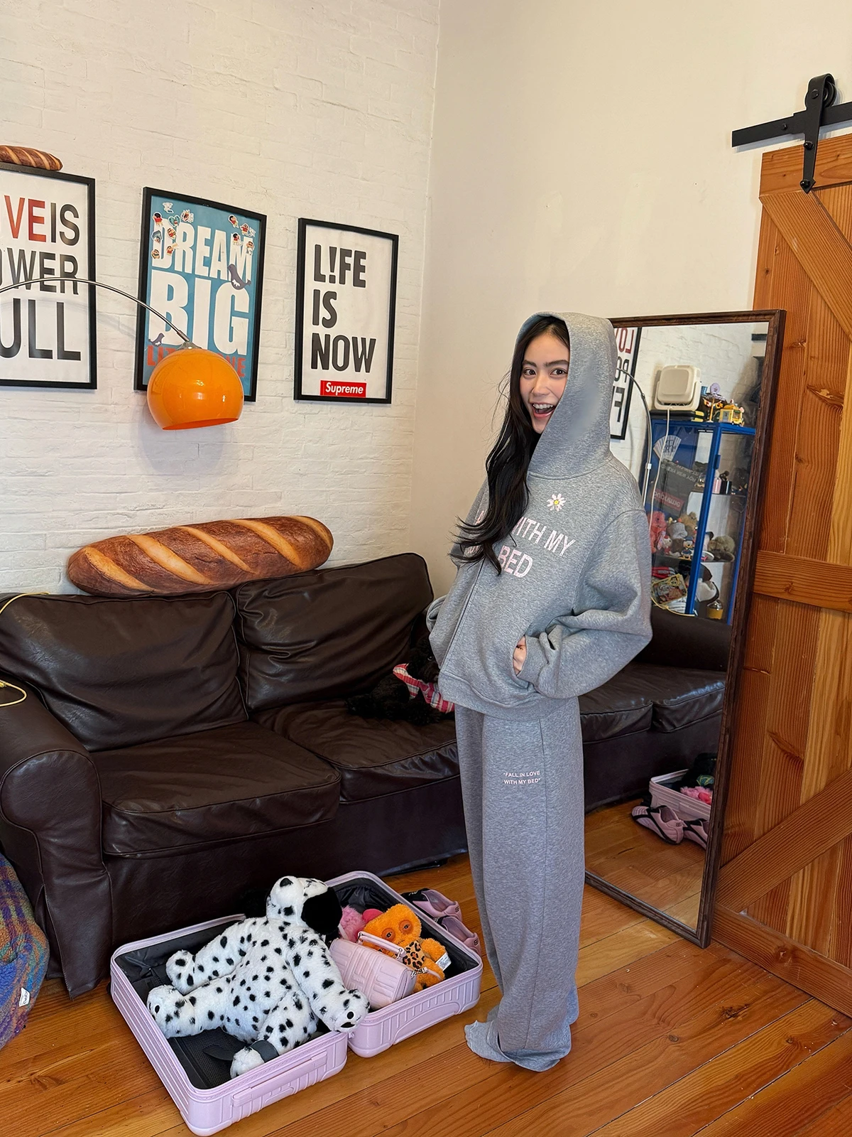 

Sakura Lazy Girl Casual Print Hoodie Jacket Grey Sporty Sweatpants Two-Piece Set Women's Fashion Spring Autumn Winter