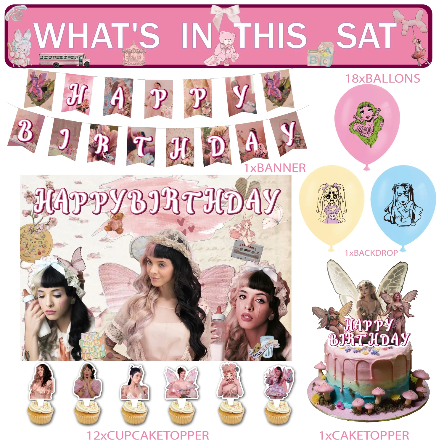 Melanie Martinez Theme Brithday Party Decoration Pink Balloon Banner Cake Topper Background Pop Singer Supplies For Music Fans