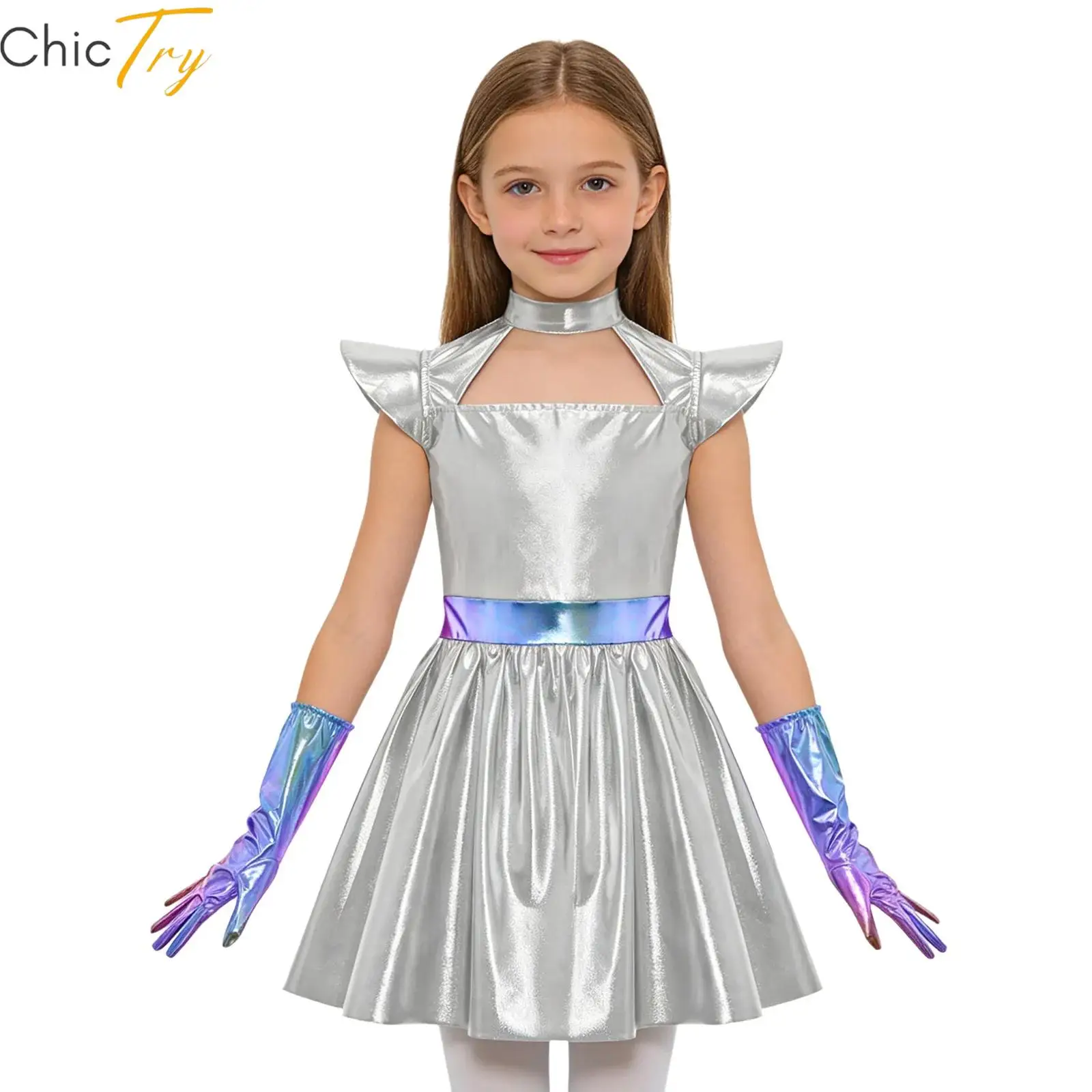 

Childrens Alien Cosplay Metallic Dress Hollow Out Flying Sleeve Back Ruffled Dress Girls Invisible Zipper Gloves Robot Costume