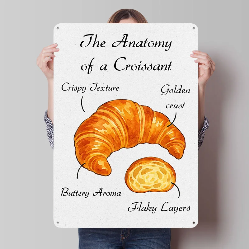 Croissant Anatomy Watercolor Illustration Tinplate Posters Customizable Wall Art Retro Vintage Metal Signs for Home Room Garden