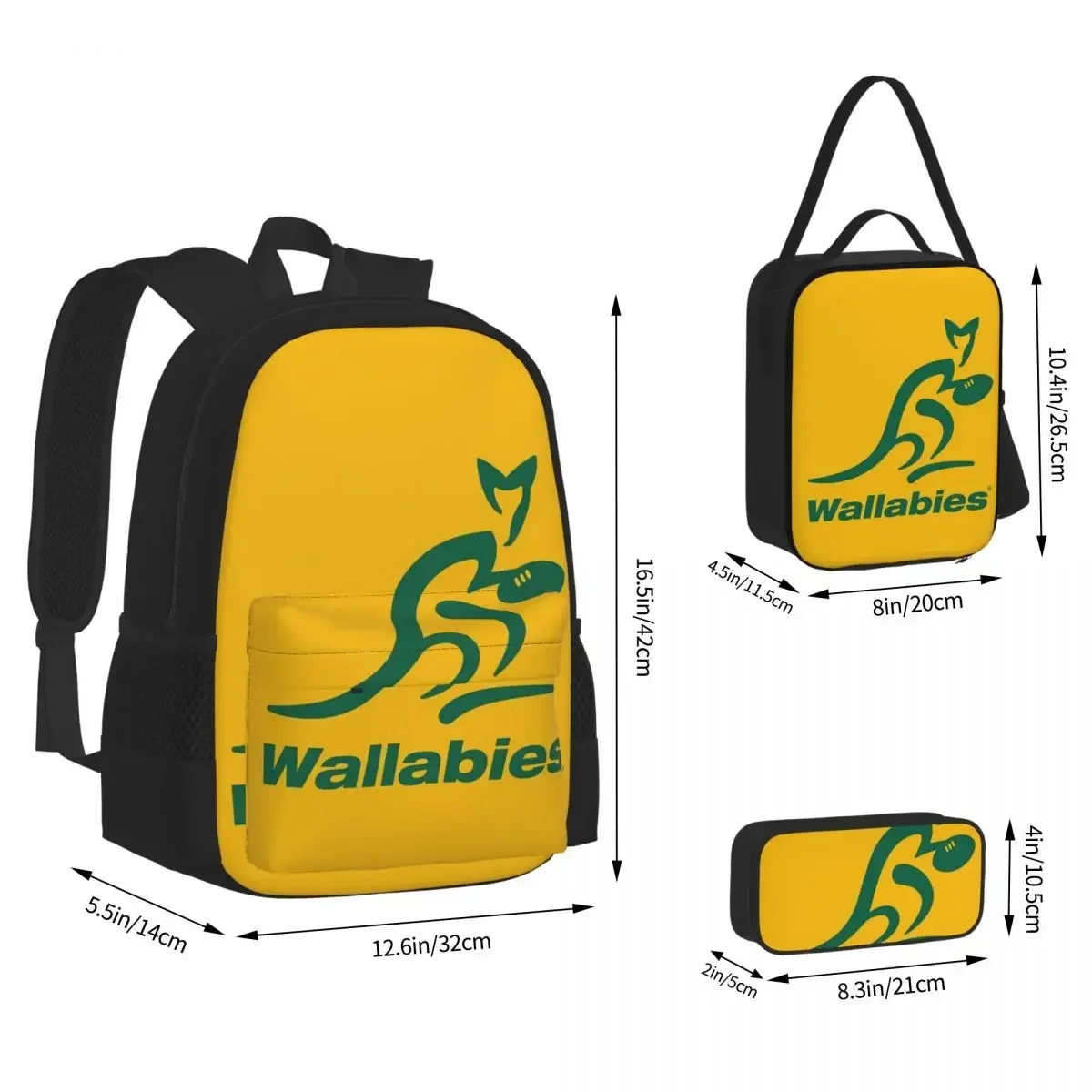 Australia Rugby Wallabies Yellow Wallaby Backpacks Boys Girls Bookbag School Bags Rucksack Lunch Bag Pen Bag Three-Piece Set