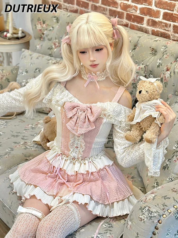 Spring Autumn Women's Two Piece Sets Lolita Style Long Sleeve Top and Skirt Set Sweet Cute Hot Girl Princess Elegant Outfit