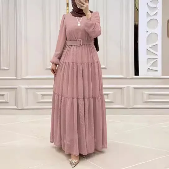 

Elegant Slim Dress Abayas for Women Summer Long Sleeve Temperament Robes with Belts Dubai Abaya Kaftan High Waist Women Clothing