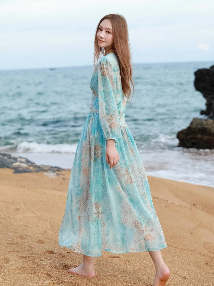 Jastie 2023 Summer French Luxury Women Dresses Retro Print V-neck Long Sleeve Chiffon Dress New Seaside Vacation Boho Long Dress