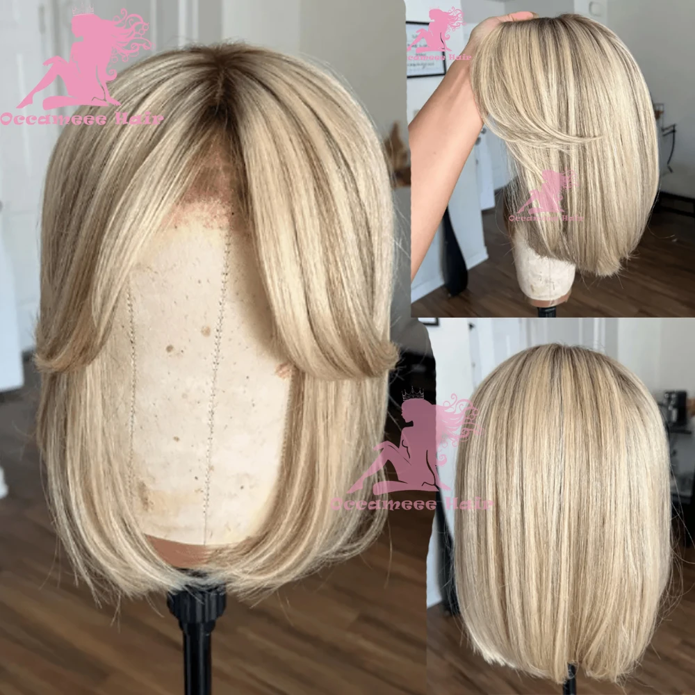 Bob frente do laço peruca de cabelo humano com franja marrom ombre loira destaque colorido perucas de cabelo humano raiz escura pré arrancado