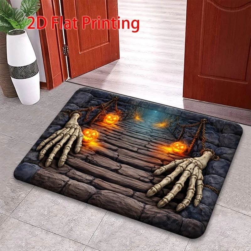 Newest Doormat Skeleton Witch Potion Shop Black Cat Castle Print Halloween Doormat Non Slip Washable Front Door Rug