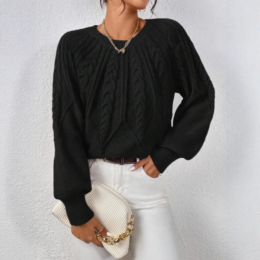 ニットプルオーバーセーター レディース 無地 ジャンパー ケーブルニット ラウンドネック 長袖 わずかに伸縮性あり ゆったり カジュアル 2025 秋冬