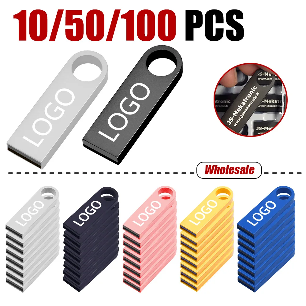 Lote de 10/50/100 Uds. De memoria USB de Metal con logotipo gratis, 1GB, 2GB, 4GB, 8GB, 16GB, memoria Flash de música, memoria de 32GB, regalo de empresa, disco en U
