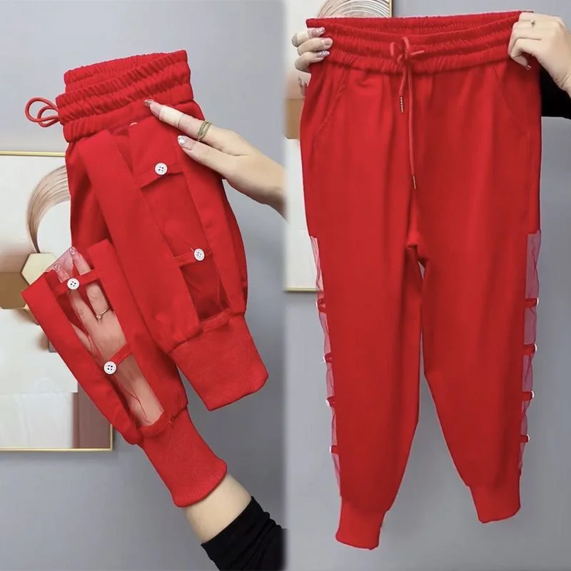 

Women's Summer New Ice Silk Hollow Out Casual Pants Loose Versatile Strap Halen Pants Quick Dried Slim Sports Cool Pants Ladies