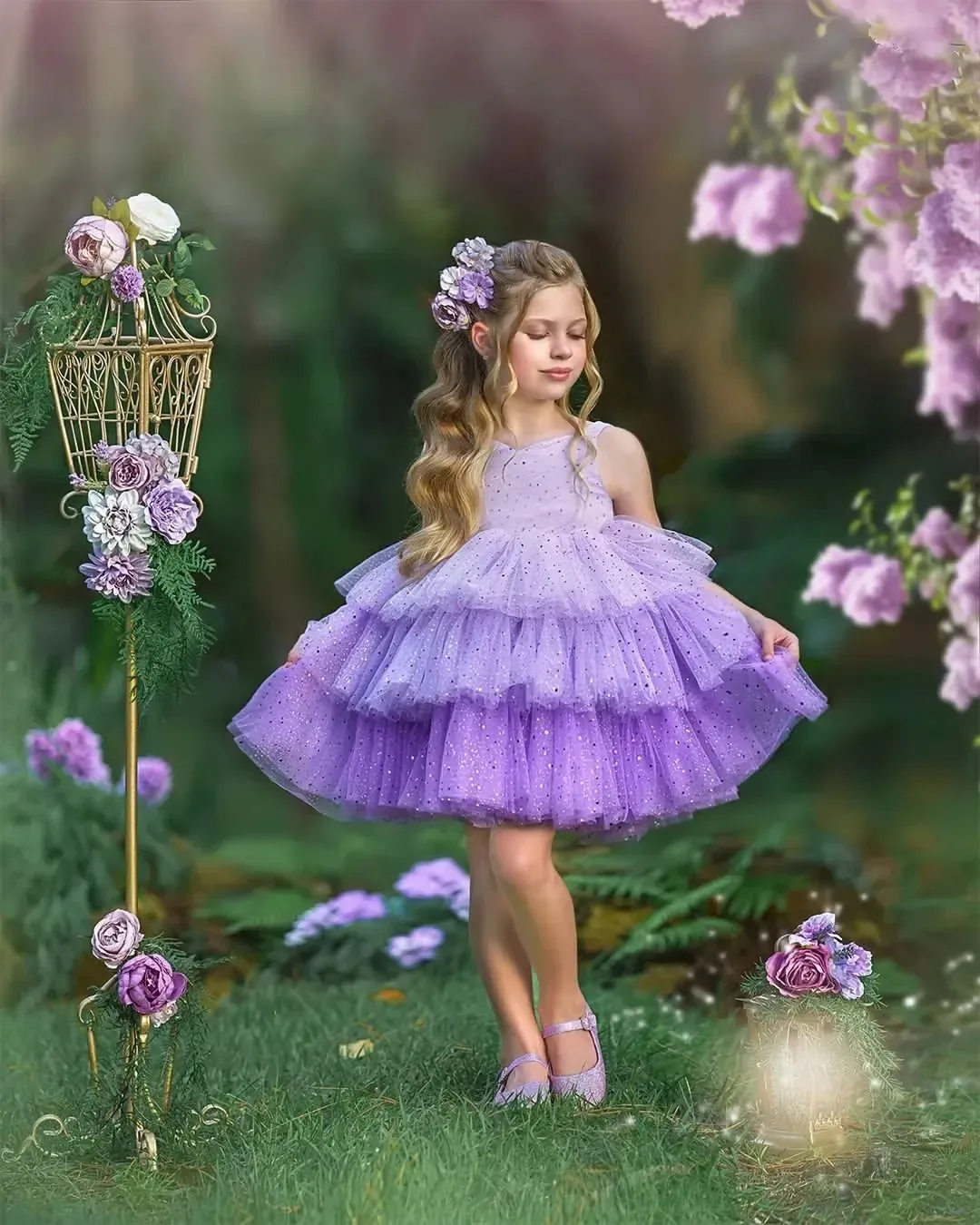 Lovely Lavender Flower Girl Dresses for Wedding Sequins Mini Tiered Baby Girl Prom Gown for Photoshoot First Communion Gowns