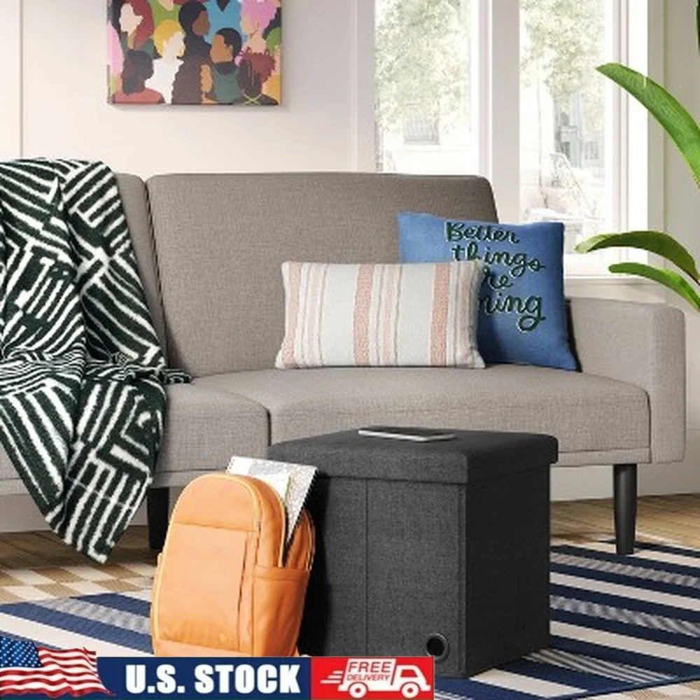 

Collapsible Storage Ottoman Upholstered Fabric Wood Frame Square Design Removable Lid Indoor Use Comfy Seating Extra Table Space