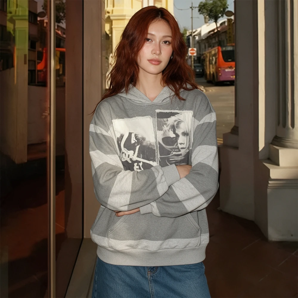 Unisex American Vintage Striped Color Block Hoodie, Patchwork Graphic Print Loose Streetwear Long Sleeve Pullover Sweatshirt
