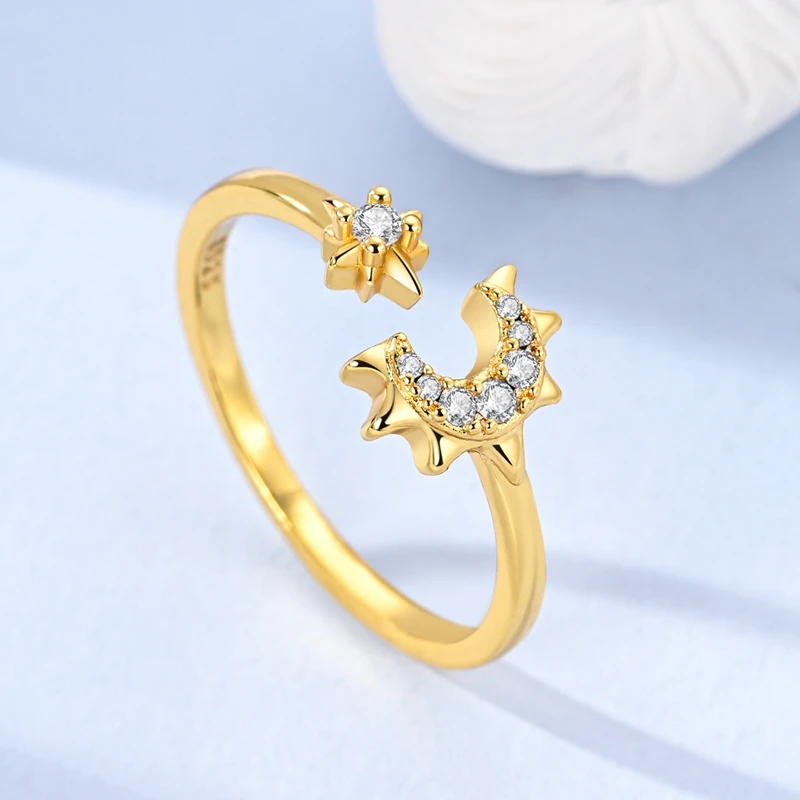 

New Original 925 Sterling Silver Star Moon Opening Ring For Women Fit Wedding Party Jewelry Gift