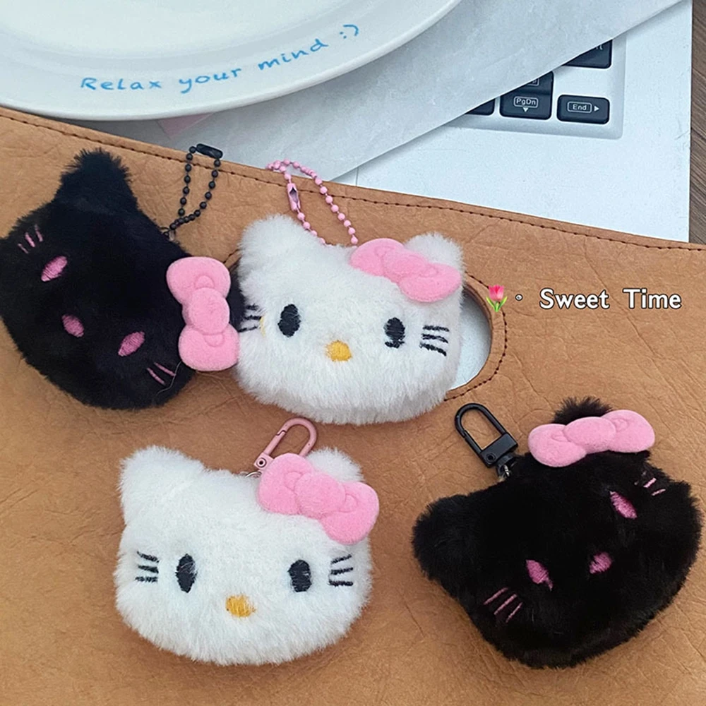 New Hello Kitty Keychain Sanrio Cute Black Pink Bow Doll Bag Plush Phone Pendant Car Key Chain Couple Accessories Birthday Gift