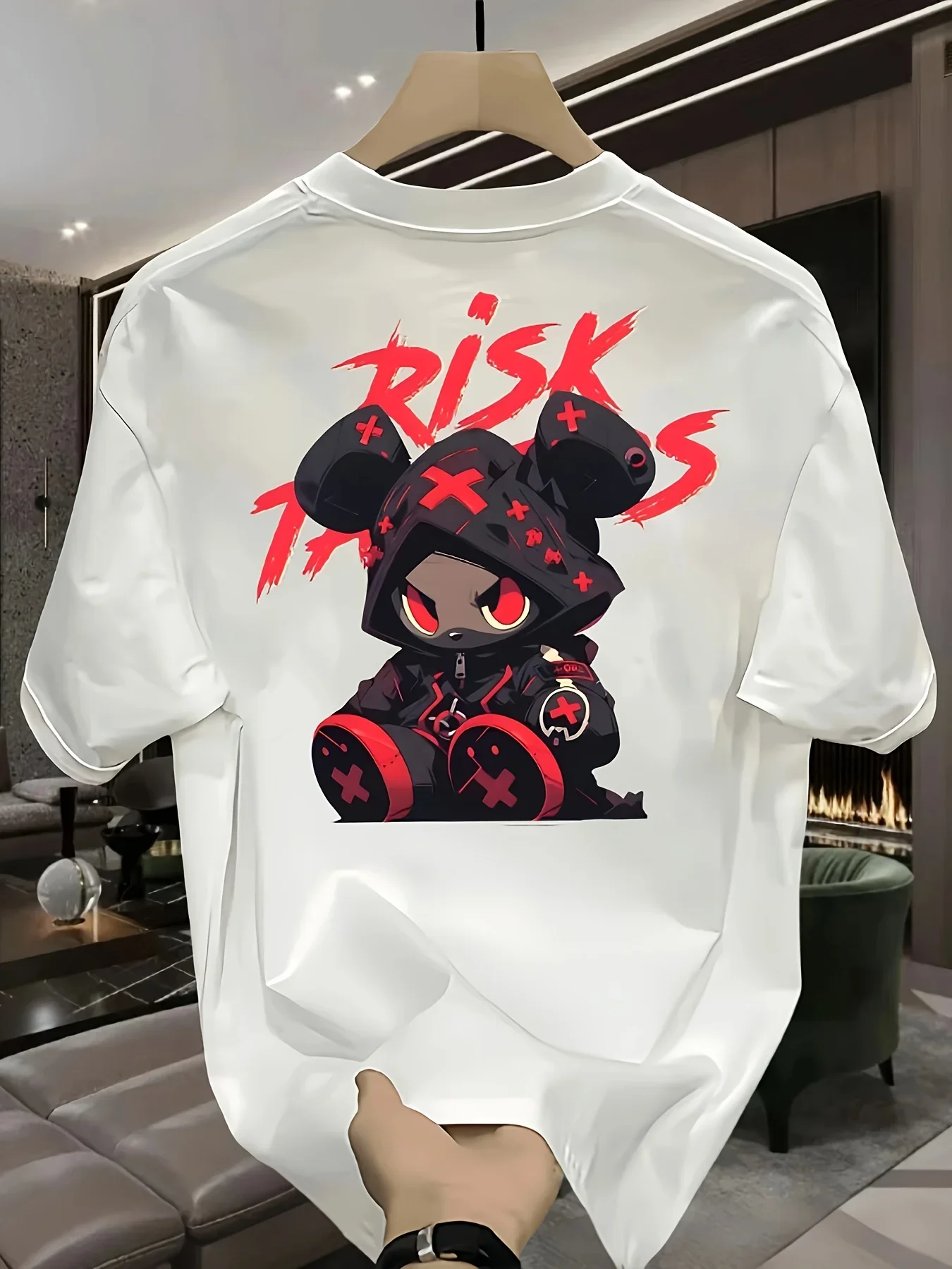 

Fashionable Masked Bear Print Men's Summer 100% Cotton Casual Loose Breathable T-shirt Street Fashion Round Neck Short Sleeve