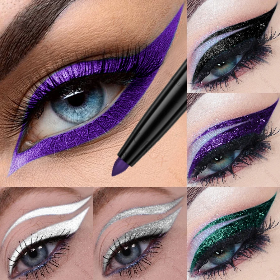 1 Stück bunter Eyeliner-Stift, hochpigmentierter, perlmuttfarbener Glitzer- und Schimmer-Metallic-Eyeliner-Stift, langlebig, wasserfest, weiß, schwarz