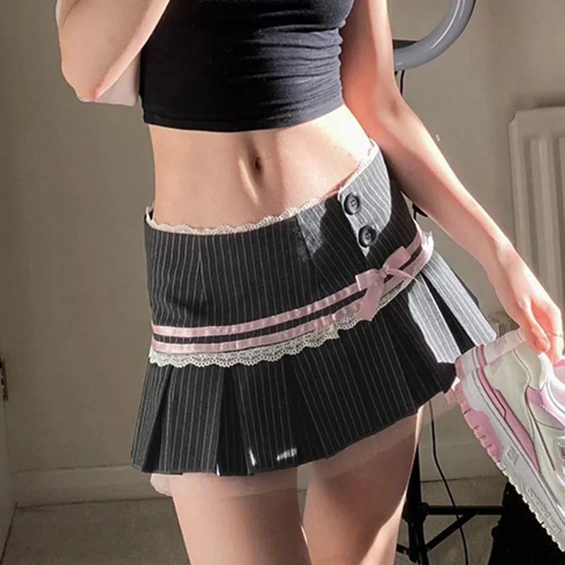 BKLD Women's Chic Lace Trim Ruffle Mini Skirts Cute Bow Stripes Ballet Style Sweet Low Waisted Slimming Aesthetic Pleated Skirts