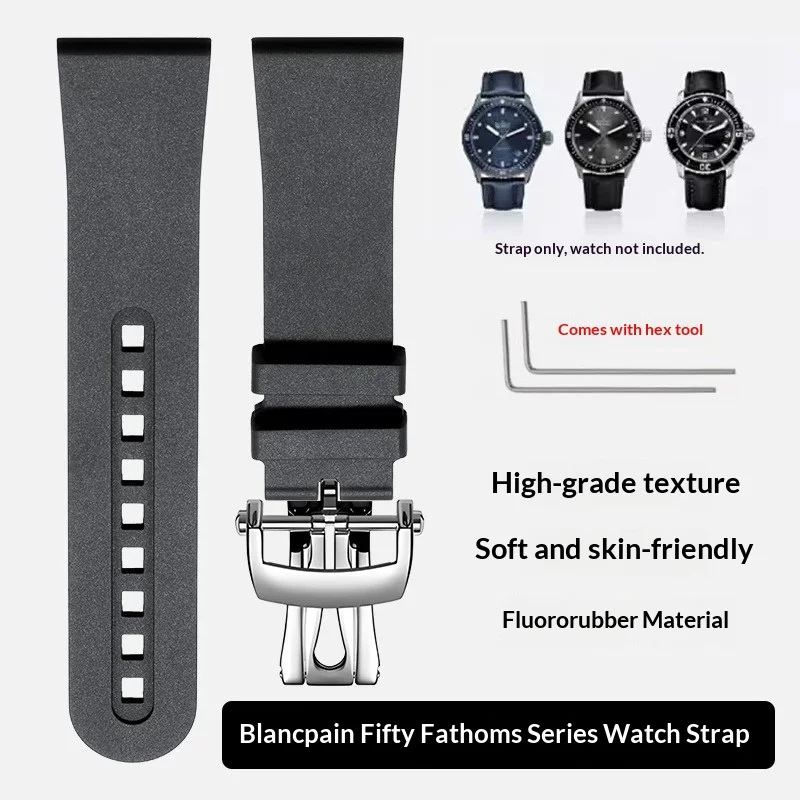 Fluororubber Watch Strap For Blancpain Fifty Fathoms, Replacement Rubber Band Fit Blancpain 5000 5015 5054, 23mm Watch Band